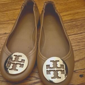 Tory Burch Tan Flats with Gold Logo